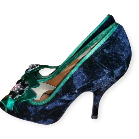Poetic Licence Dazzling 2 Blue Velvet Embellished Peep Toe Heels Pumps Shoes 6 - Picture 1 of 6